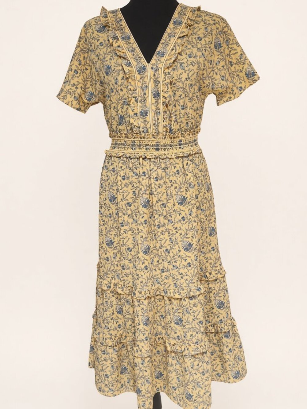 Max Studio Yellow Floral Ruffle Tiered Midi Dress M